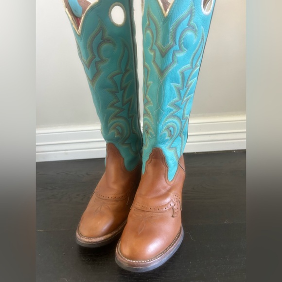 Tony Lama Shoes - Tony Lama Brown Leather Cowboy Boots with Turquoise Stitching